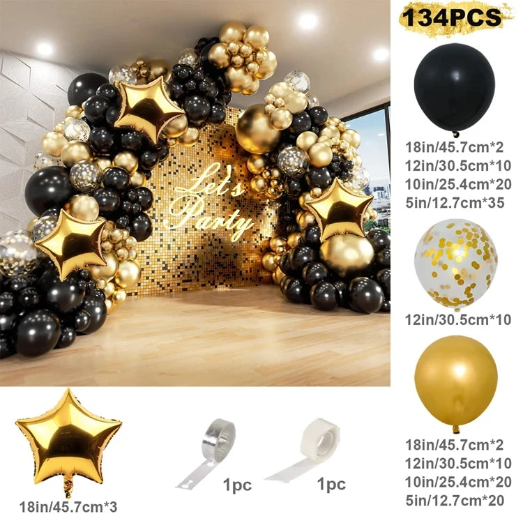 134Pcs Black Gold Balloon Garland Arch Kit - Diachris