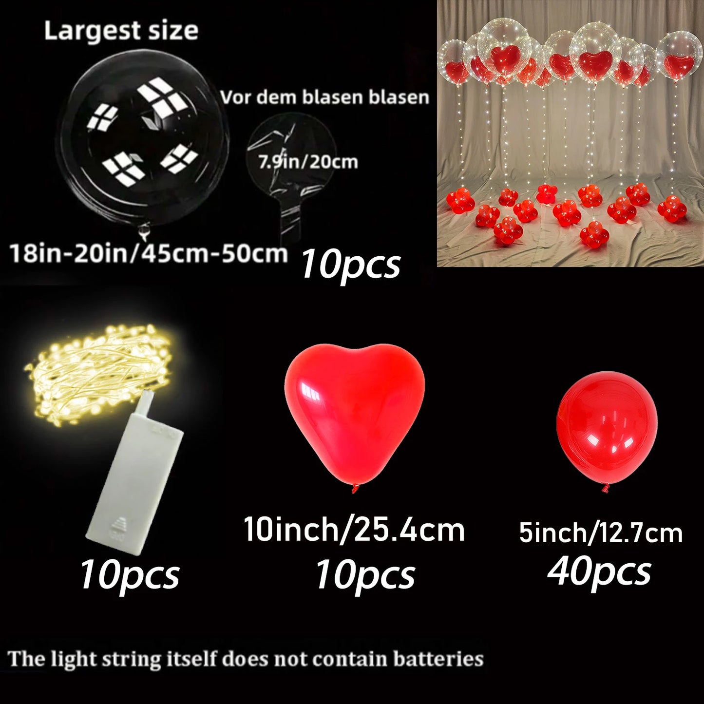 Led Luminous String Lights, Transparent Wave Balloon, Red Heart-Shaped Balloon Suitable - Diachris