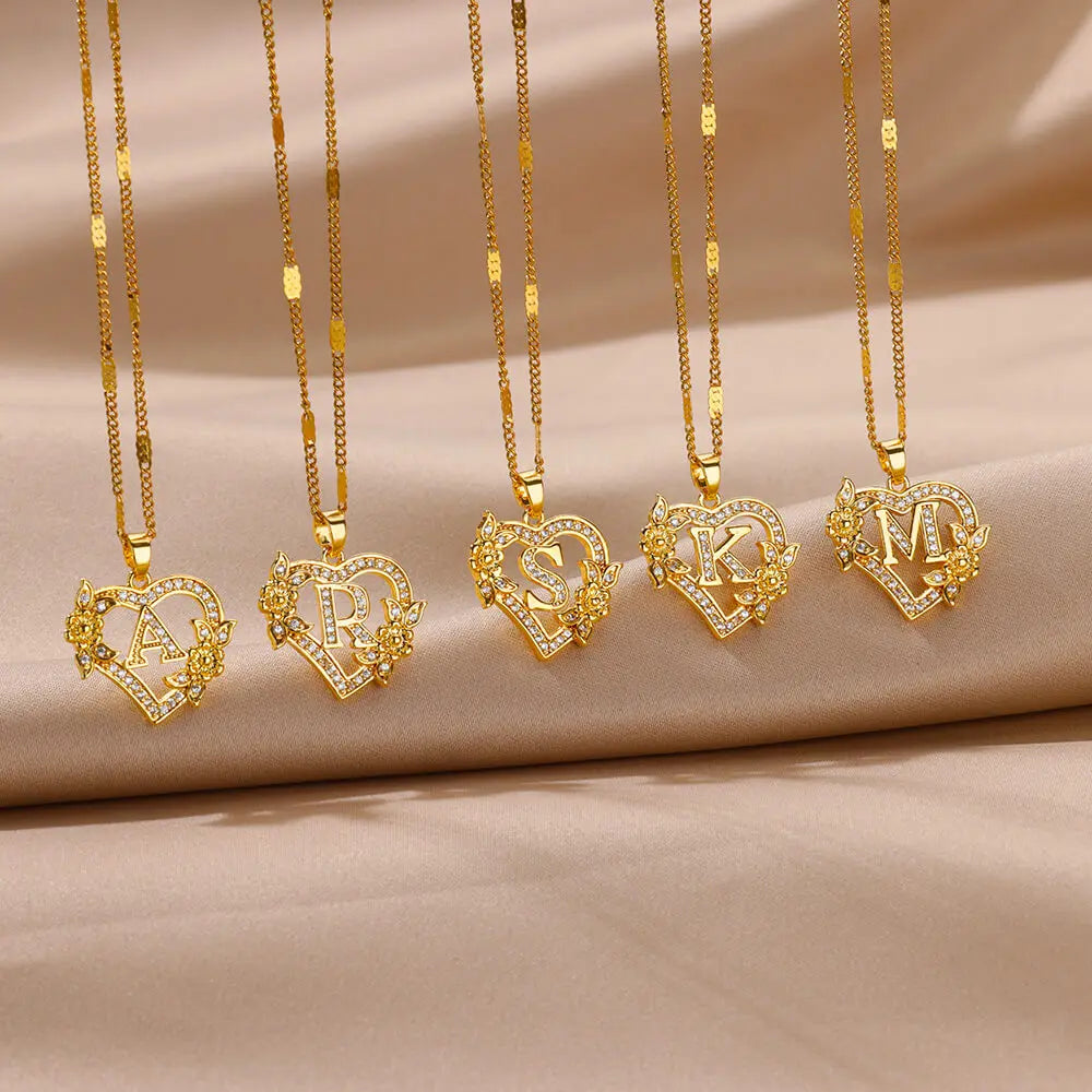 Zircon Flower Heart Initials Necklaces - Diachris