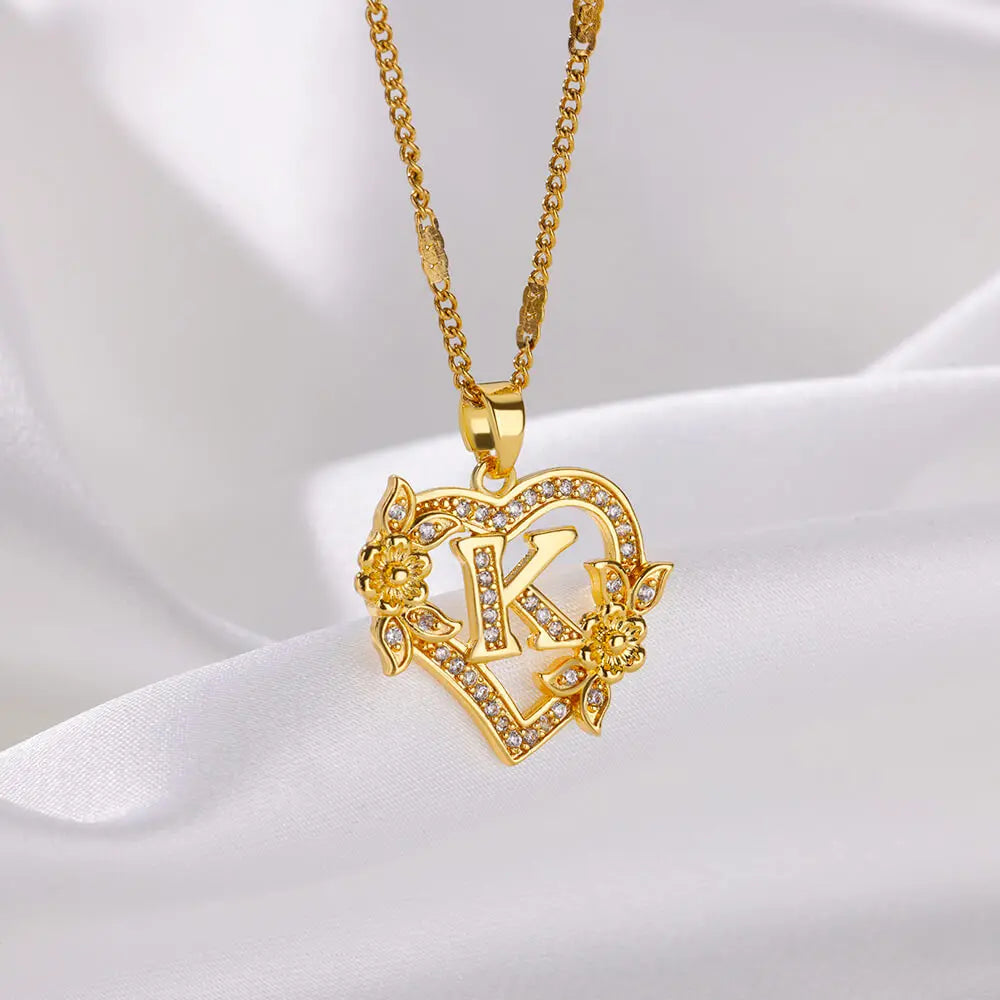 Zircon Flower Heart Initials Necklaces - Diachris