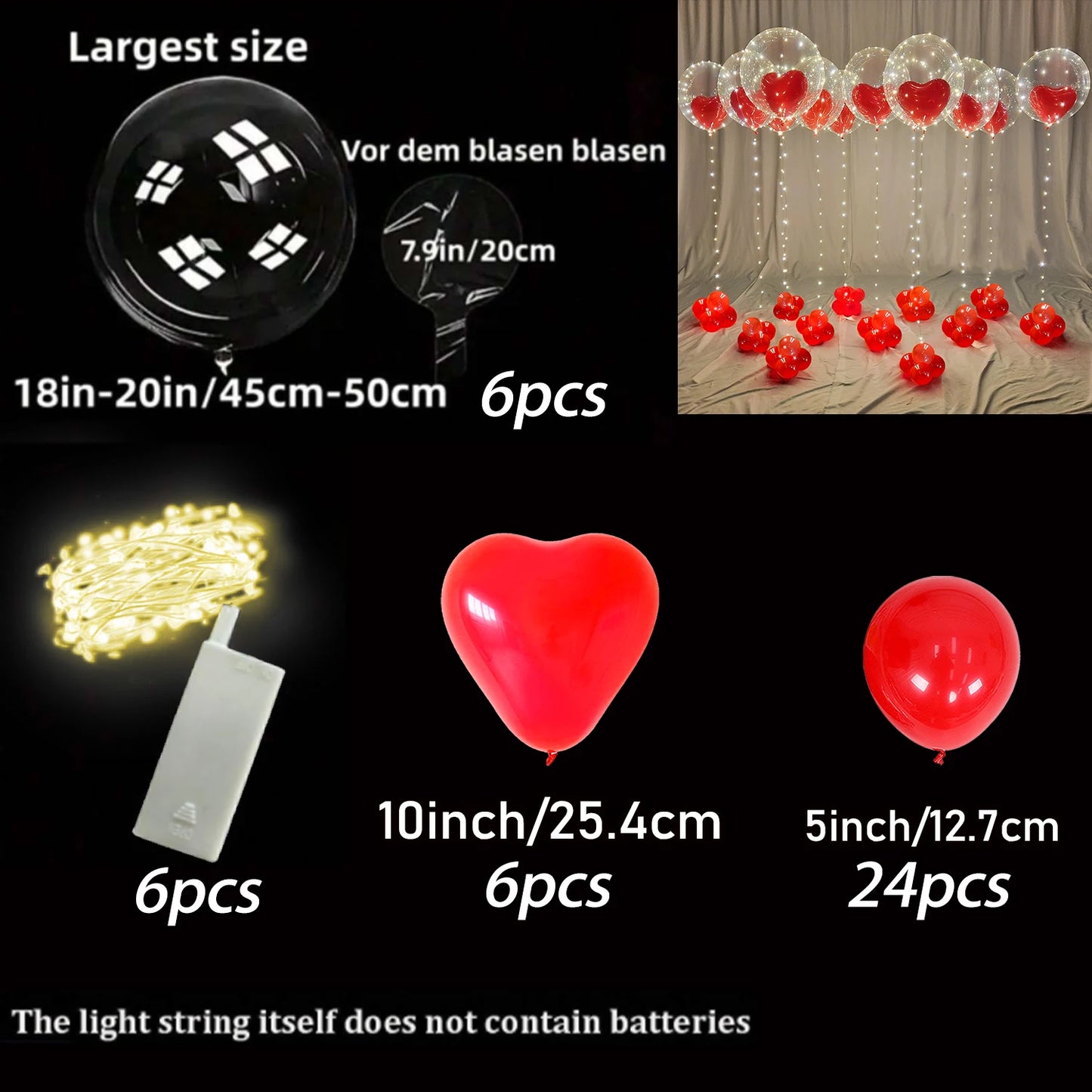 Led Luminous String Lights, Transparent Wave Balloon, Red Heart-Shaped Balloon Suitable - Diachris