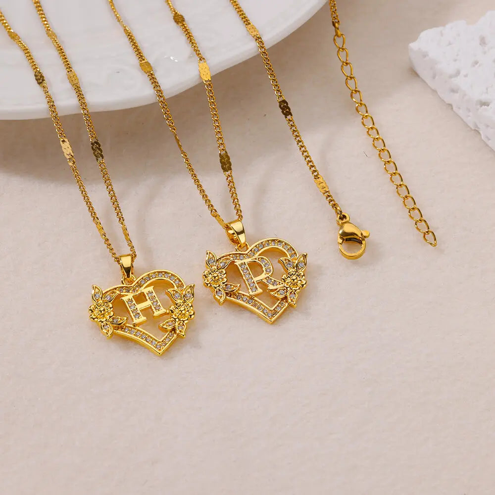 Zircon Flower Heart Initials Necklaces - Diachris