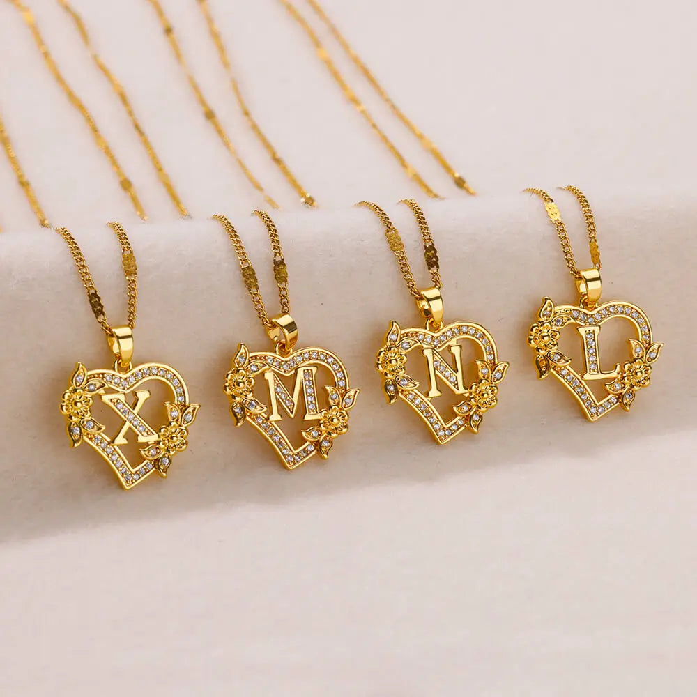 Zircon Flower Heart Initials Necklaces - Diachris