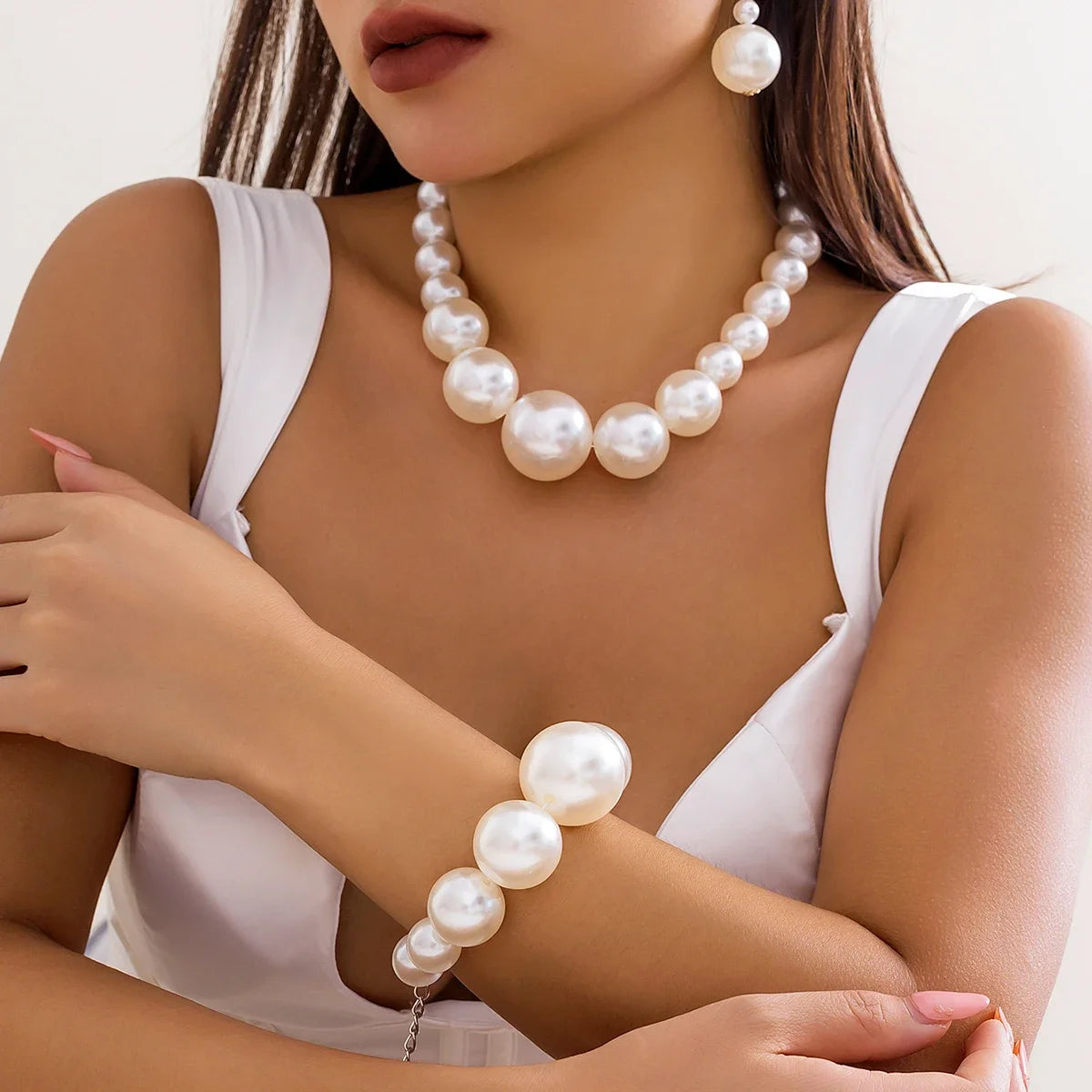 2Pcs Exaggerated Big Imitation Pearl Choker Necklace Bracelets - Diachris