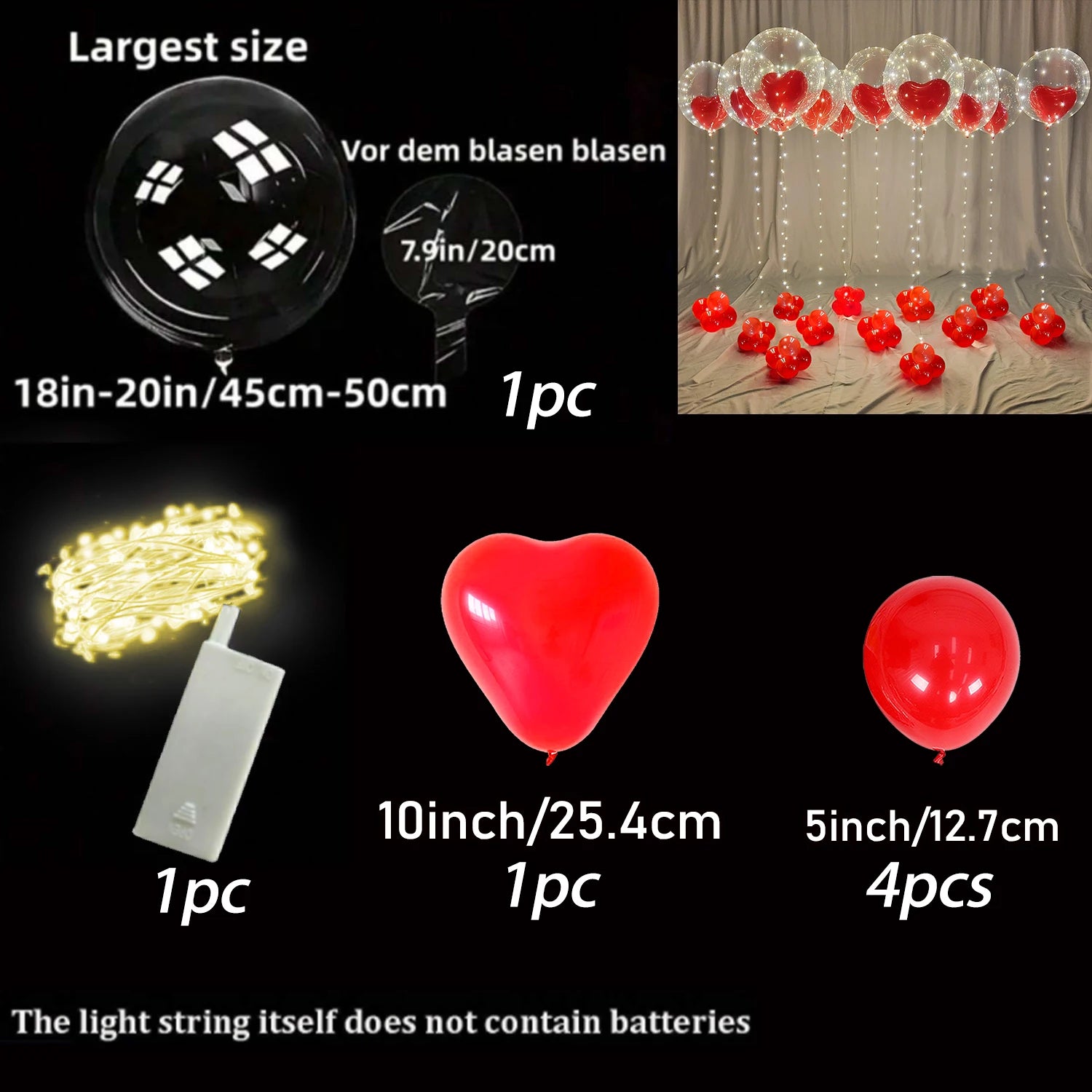 Led Luminous String Lights, Transparent Wave Balloon, Red Heart-Shaped Balloon Suitable - Diachris