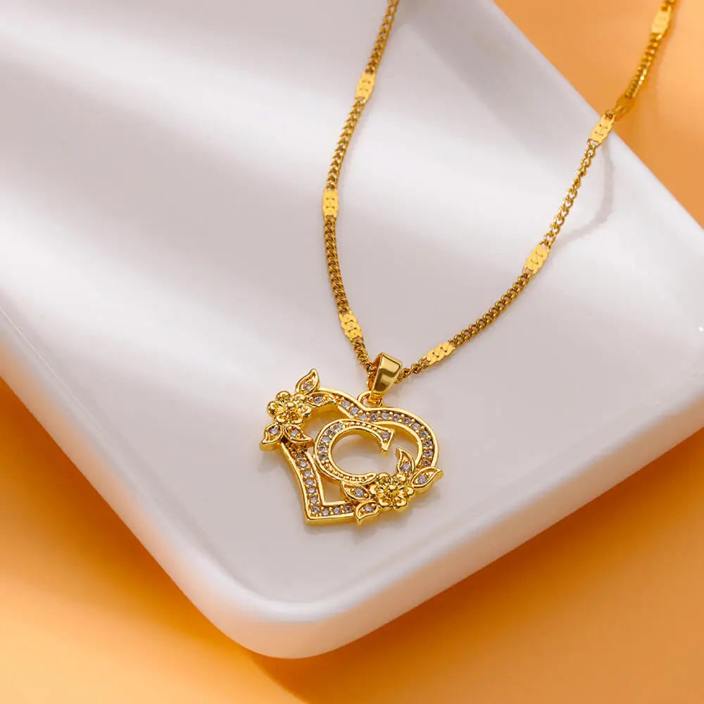 Zircon Flower Heart Initials Necklaces - Diachris